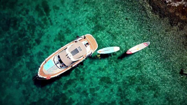 Top down aerial of yacht boat floating over turquoise shallow water with paddleboards tethered and anchored, glistening ocean