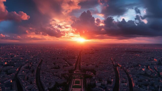 Birds eye view captures stunning sunset over Parisian rooftops showcasing vibrant colors and atmospheric clouds, Bird's eye view of Parisian rooftops at sunset
