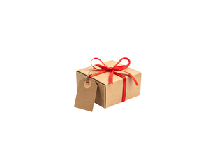 Fototapeta premium A gift box, wrapped in gold ribbon and tied with a beautiful bow, is placed on a white background