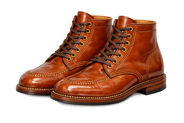 Brown leather ankle boots with laces, stylish footwear for men, fashion and clothing accessories, transparent background