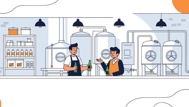 Two brewery workers discussing production while holding beer bottles in a modern craft brewery facility with tanks.