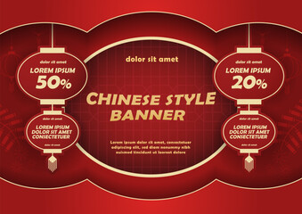 Chinese Style banner with red lanterns and golden frames on traditional red background. Lunar New year poster design.