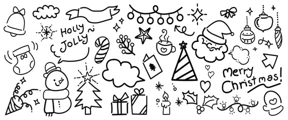 Hand drawn Christmas holiday doodles set with gifts, snowflakes, Santa hat, ornaments, and festive greetings in black and white sketch style © KADIR