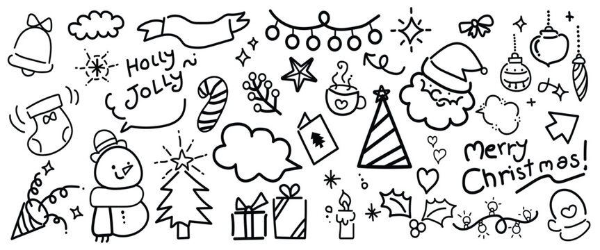 Hand drawn Christmas holiday doodles set with gifts, snowflakes, Santa hat, ornaments, and festive greetings in black and white sketch style