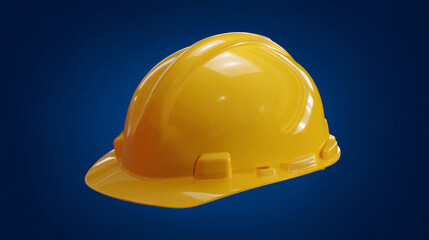 Fototapeta premium Bright yellow hard hat centered on a dark blue background, symbolizing safety and construction. A single, vibrant yellow construction helmet is presented against a deep blue gradient backdrop.
