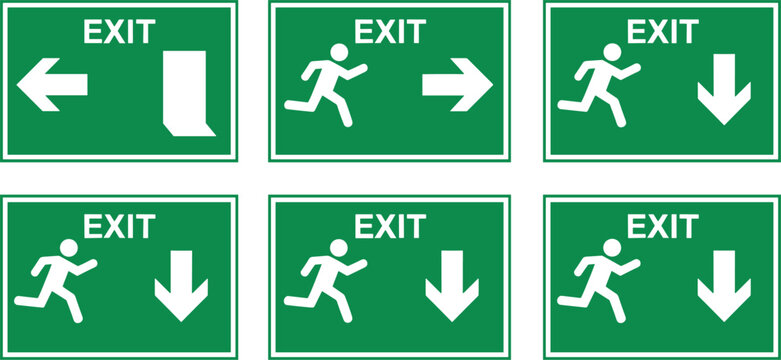 Emergency exit signage icons set with running man arrows indicating evacuation directions safety compliance standards building public facilities