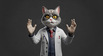 3D Cat Scientist Wearing Lab Coat Pointing Up