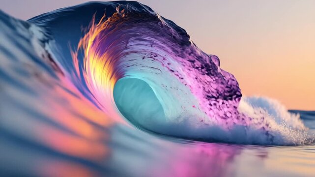 Ocean wave cresting with iridescent colors under sunlight