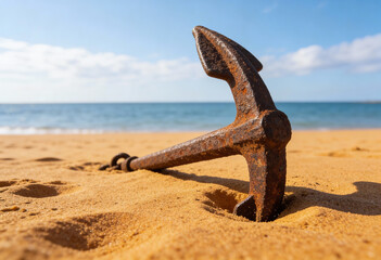 Fototapeta premium Rusty sea anchor on sand beach background in amazing summer sunset light texture blurred view amazing impressivel