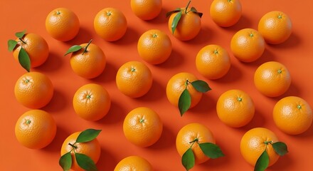 Fresh Oranges Pattern on Orange Background with Green Leaves