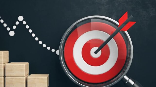 Magnifying glass over a bullseye target with an arrow, symbolizing success, strategy, and achieving goals with a rising trend graph in the background