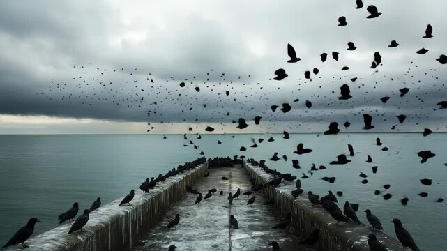 Birds take flight from pier after resting along the serene waterfront at dusk, birds after rest on the pier take off to continue migration