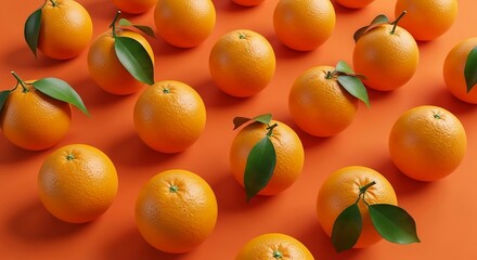 Fresh Oranges Pattern on Orange Background with Green Leaves
