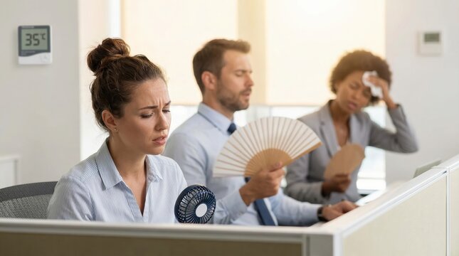 Diverse Office Workers Suffering from Extreme Heat and Humidity at Work During Summer Heatwave