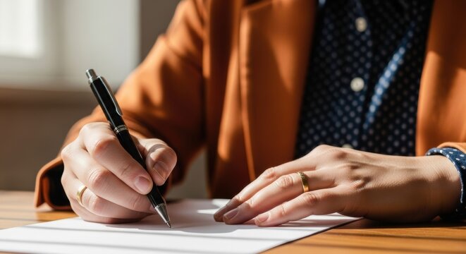 Persons hands writing with pen on paper closeup