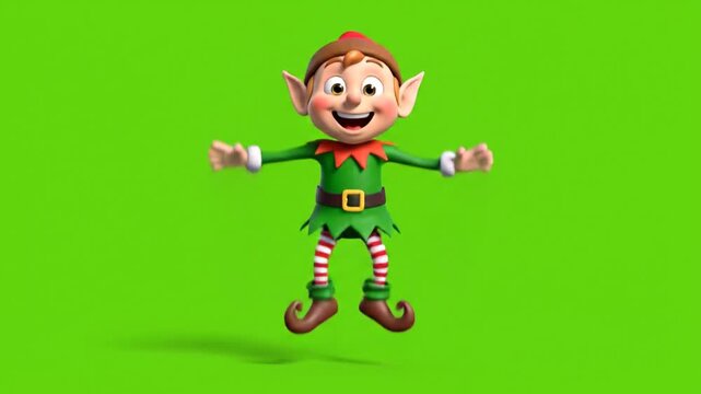 Cartoon elf jumping with joy on green background isolated