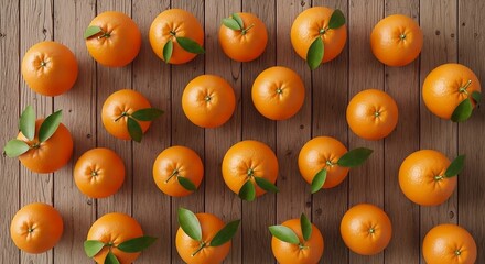 Fresh Oranges Pattern on Orange Background with Green Leaves