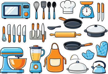 Colorful cartoon of kitchen appliances and cooking tools on a white background