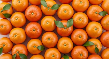 Fresh Oranges Pattern on Orange Background with Green Leaves
