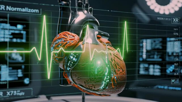 neural interface wrapping around beating heart with electric blue conduits and green ecg trace, microconnectors attached to myocardium, surgical stand and experiment on bioelectrical