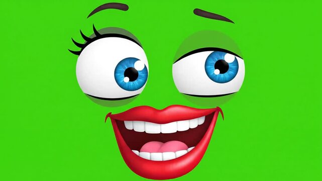 Cartoon face with big eyes and red lips on a green background