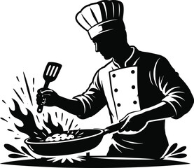 Silhouette of a chef in uniform cooking food in a pan with flames and splashes black