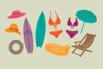Summer beach accessories and activity vector colorful illustration set. Hand drawn Doodle crayon. surfboards, chairs, umbrellas, bikinis, swimwear, sun hats, inflatables, and lifebuoys