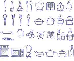 Hand-drawn blue outline of kitchen utensils appliances and cookware on a white background
