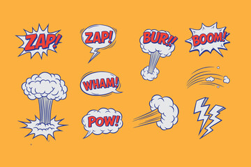 Comic bubble sign set. vector hand drawn crayon doodle colorful style. burst clouds, comics explosion speech bubbles. Boom dialogue frame, bang effect with text for pop art comics book