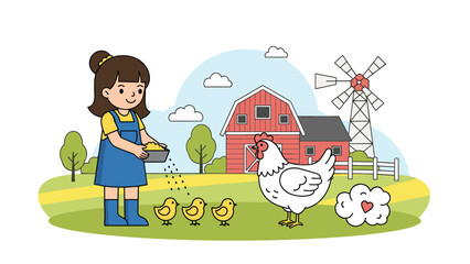 Fototapeta premium Little girl wearing overalls feeding a group of chickens and chicks on a bright sunny farm with a red barn and traditional windmill.