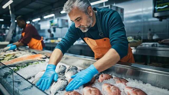 Experienced Fishmonger Carefully Arranges Fresh Catch in a Bustling Seafood Market