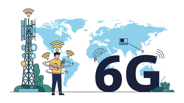 Advanced 6G network technology concept featuring a person using a mobile device near a signal tower with a global world map background.