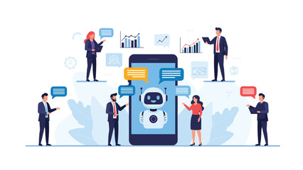 Group of business professionals interacting with a friendly chatbot on a giant smartphone screen, symbolizing AI-powered customer service tech.
