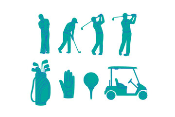 Set golf symbols, equipment. Golf players in various poses, cart, glove with ball, flag, golf clubs bag, hole. Hand drawn colorful crayon doodle Vector illustration.