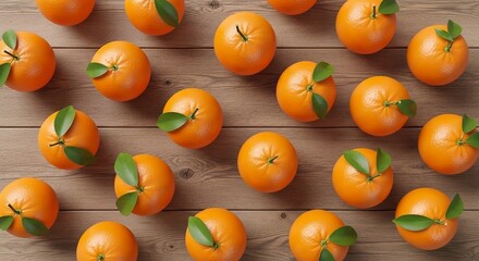 Fresh Oranges Pattern on Orange Background with Green Leaves