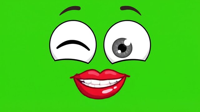 Cartoon face with exaggerated expression on green screen background