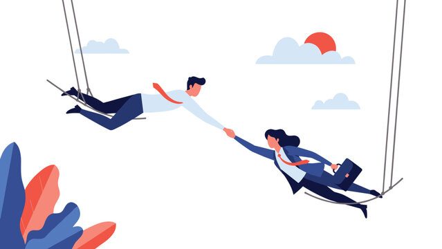 Two business people performing a trapeze act to reach each other in the sky, symbolizing professional trust, cooperation, and team assistance.
