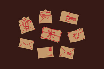 Set of love letters, different postal cards and envelopes. Vector hand drawn colorful crayon doodle illustration. retro Isolated design elements. Message, Valentines day card, romantic mailing concept