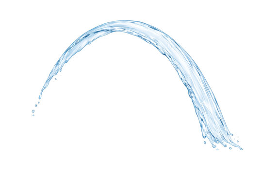 Clear blue water stream flowing in an arch motion, clean splashing liquid pouring with a transparent background