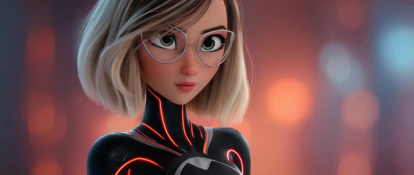 Beautiful female secret agent character, wearing glowing neon glasses and a futuristic black tactical suit.