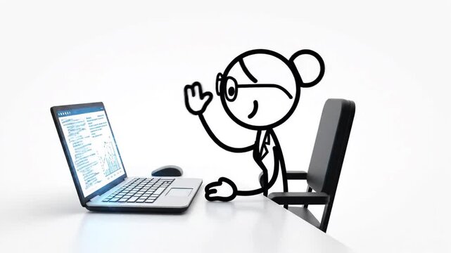 Cartoon figure working on laptop at desk over white background