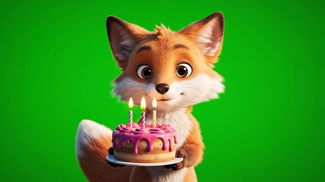 Cartoon fox holding birthday cake with lit candles on green screen