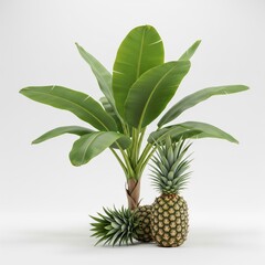 Fototapeta premium Two Pineapples and a Banana Plant on a White Background