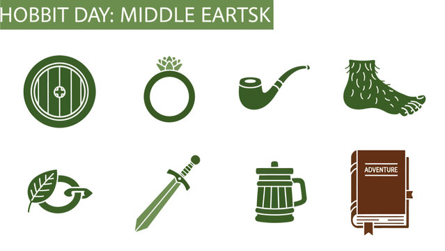 A graphic display of eight icons related to Middleearth and Hobbits set against a white background