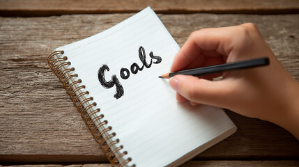 Hand writing the word goals in a notebook illustrating personal objectives motivation and success planning