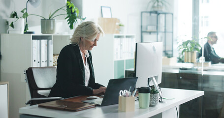 Reading, review or woman in office with computer, draft edit or source feedback for article. Press,...