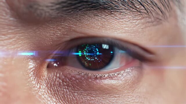closeup asian eye reflecting holographic interface with green pixelated hud and lens flare streak, wet tear film and diagnostic shimmer during authentication sequence at clinical optics