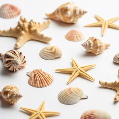 Scattered Seashells and Starfish on a White Surface Background
