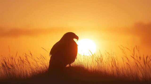 Griffon vulture rests peacefully during a golden sunrise in a serene landscape, A griffon vulture rests during sunrise