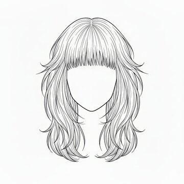 Modern Layered Hairstyle Line Art with Blunt Bangs
